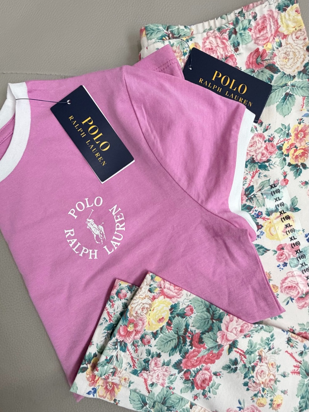 Polo by Ralph Lauren Girls' Pink Tee with White Trim and Floral Pants Set